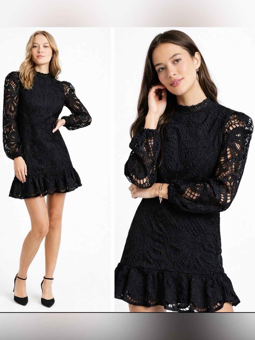 Francesca's Ruth Black Crochet Lace Mini Dress with Ruffle Hem XS